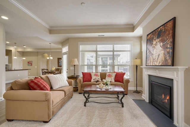 living area with a fireplace with flush hearth, a raised ceiling, crown molding, and baseboards