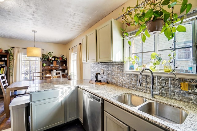 kitchen featuring pendant lighting, a healthy amount of sunlight, a sink, and stainless steel dishwasher