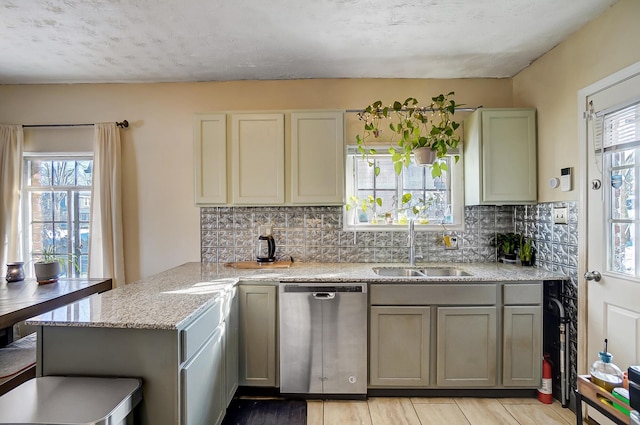 kitchen featuring light stone counters, a peninsula, a sink, stainless steel dishwasher, and tasteful backsplash