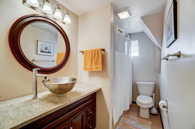 full bathroom with visible vents, tile patterned flooring, vanity, and toilet