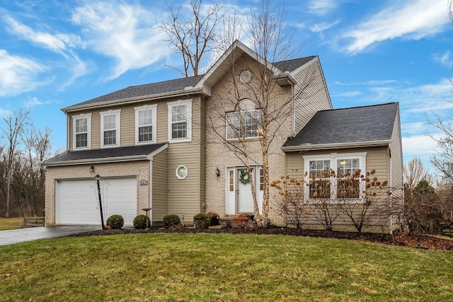 view of front of property with an attached garage, brick siding, a shingled roof, driveway, and a front yard