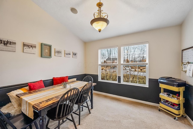 carpeted dining space featuring wainscoting, vaulted ceiling, and a textured ceiling