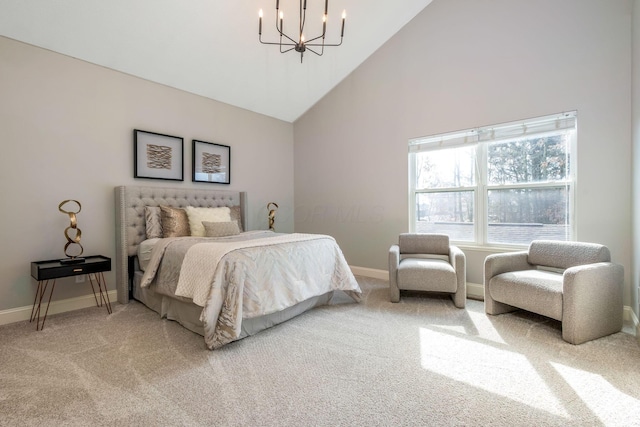 bedroom with a notable chandelier, carpet floors, high vaulted ceiling, and baseboards