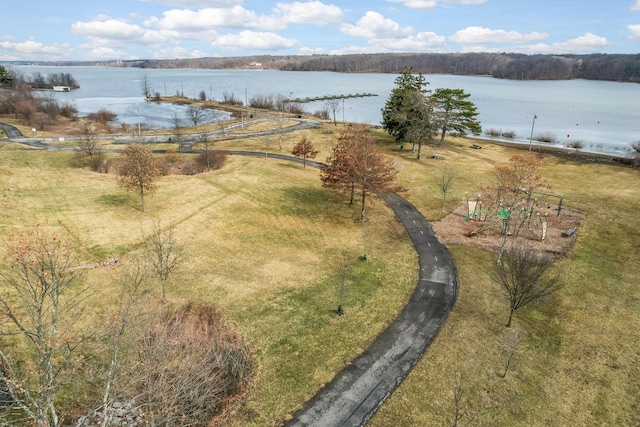 aerial view featuring a water view