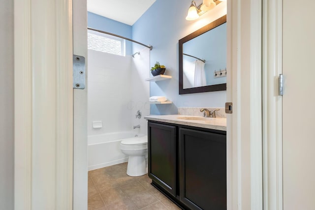 bathroom featuring toilet, shower / tub combo, vanity, and tile patterned floors