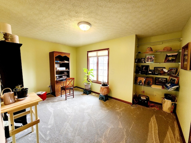 office featuring a textured ceiling, carpet floors, and baseboards