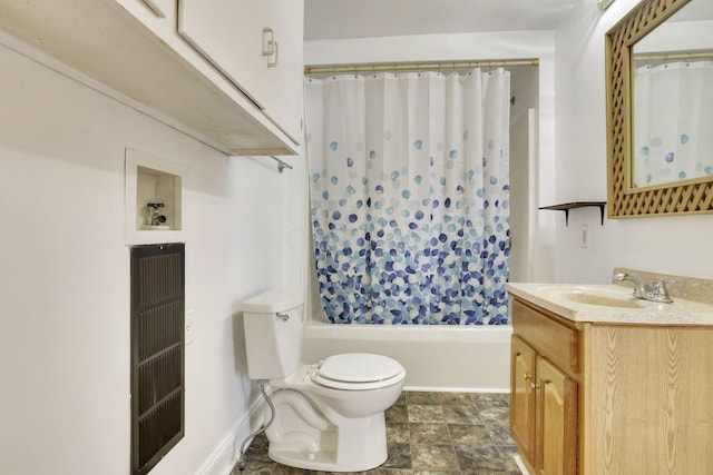 full bathroom with shower / bathtub combination with curtain, vanity, and toilet