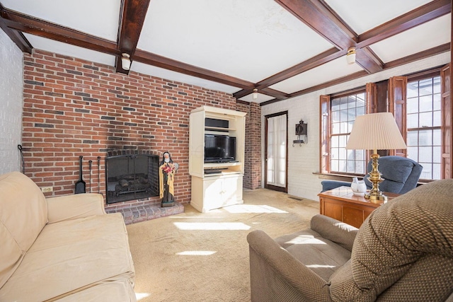 carpeted living area featuring brick wall, beamed ceiling, coffered ceiling, and a brick fireplace