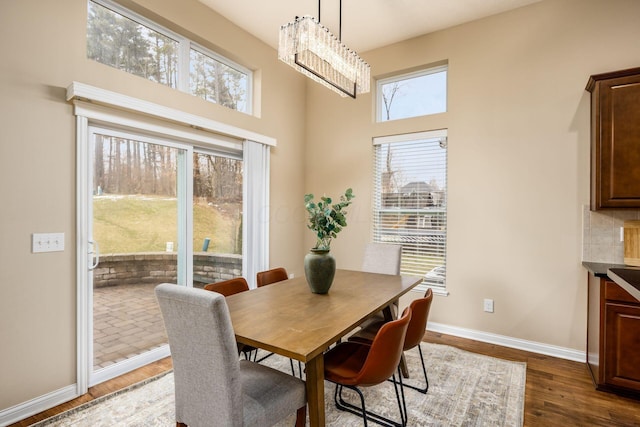 dining room with dark wood-type flooring, plenty of natural light, and baseboards