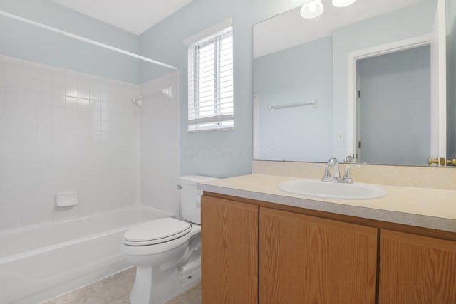 full bath featuring vanity, bathtub / shower combination, toilet, and tile patterned floors