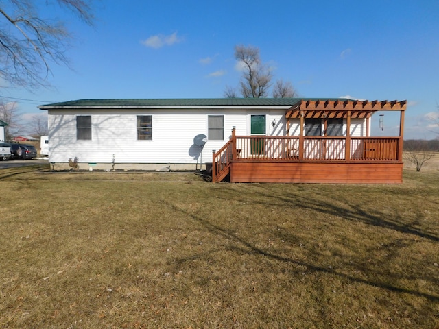 17916 Allen Center Rd, Marysville, OH 43040 - back of house featuring a wooden deck, a pergola, and a yard