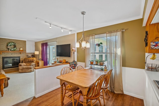 1259 Timber Ln, Marion, OH 43302 - dining space featuring rail lighting, crown molding, an inviting chandelier, a brick fireplace, and wood finished floors