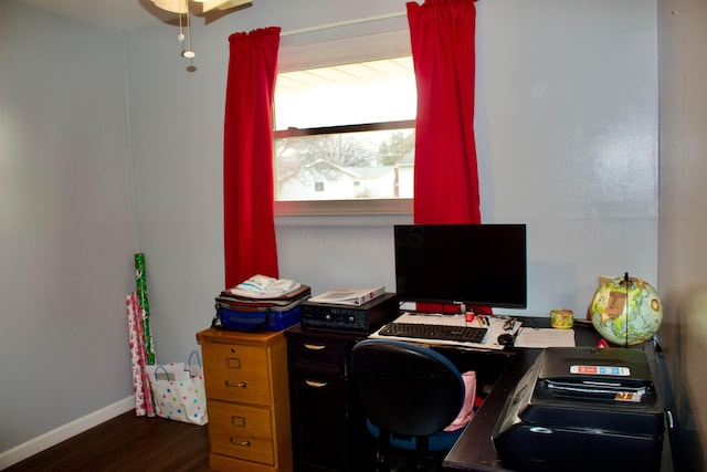 office area featuring dark wood-style floors and baseboards