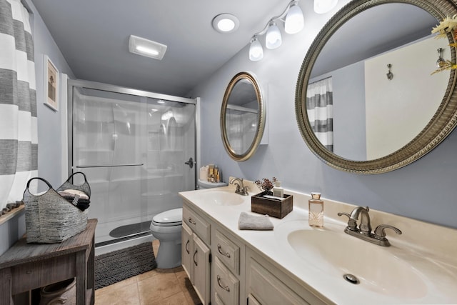 full bath with toilet, a shower stall, a sink, and tile patterned floors