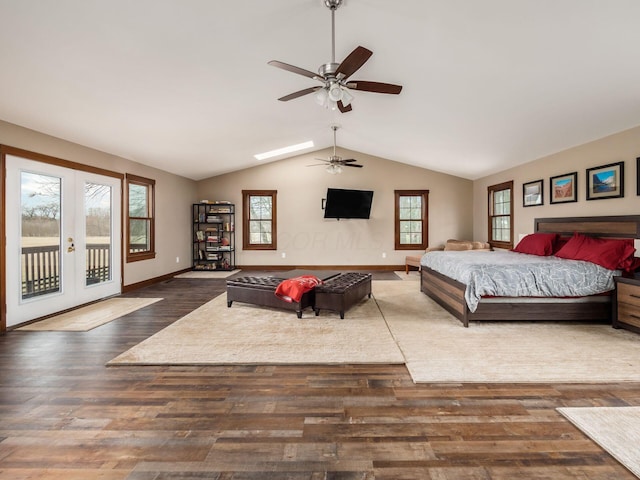 767 London Groveport Rd, Lockbourne, OH 43137 - bedroom featuring baseboards, wood finished floors, access to exterior, vaulted ceiling, and french doors
