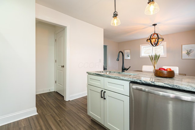 kitchen featuring dishwasher, hanging light fixtures, dark wood-style flooring, and a sink