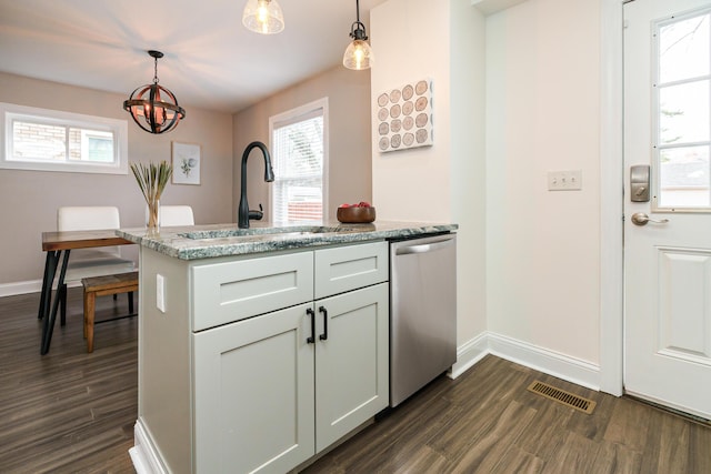 kitchen featuring a sink, baseboards, dark wood-type flooring, and stainless steel dishwasher