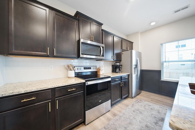 kitchen featuring stainless steel appliances, visible vents, light wood-style flooring, wainscoting, and dark brown cabinetry