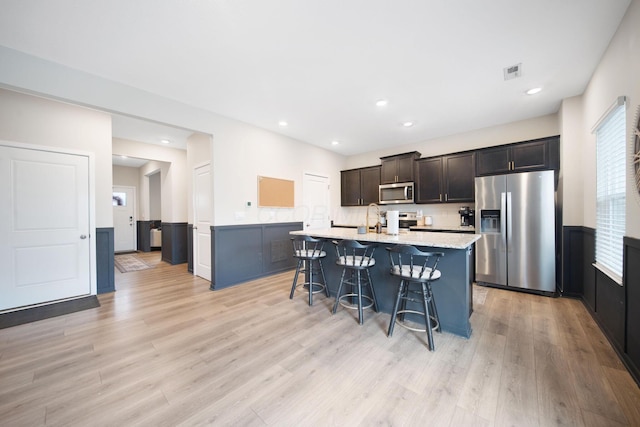 kitchen with light wood finished floors, a center island with sink, visible vents, appliances with stainless steel finishes, and a breakfast bar