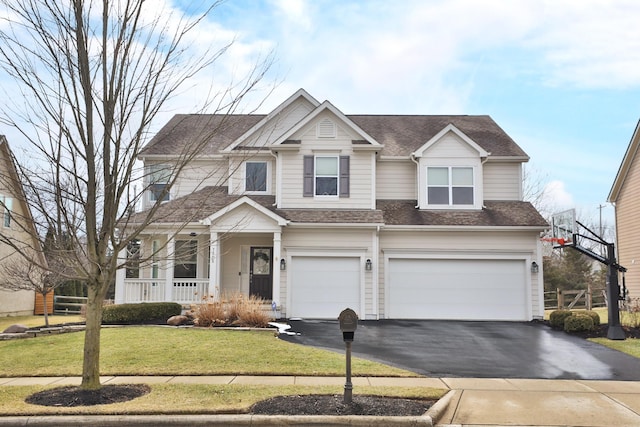 view of front facade featuring aphalt driveway, a shingled roof, covered porch, a garage, and a front lawn