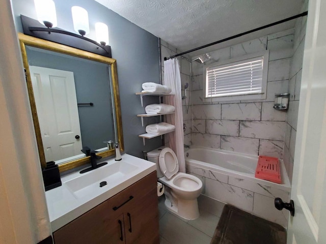 full bath featuring toilet, a textured ceiling, shower / tub combo, tile patterned flooring, and vanity