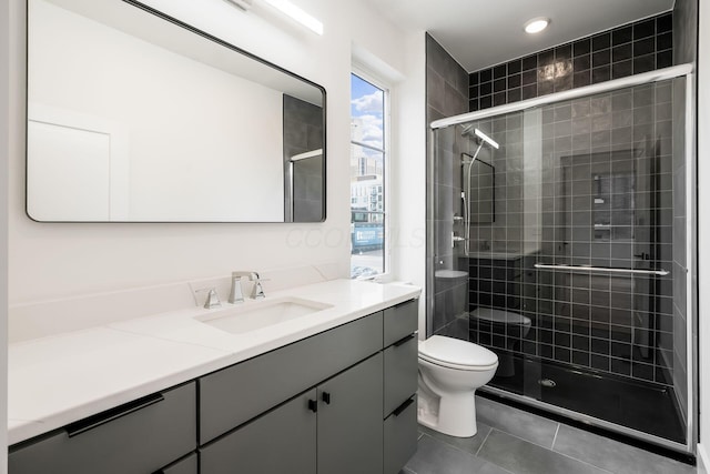 full bathroom with tile patterned floors, a shower stall, toilet, and vanity