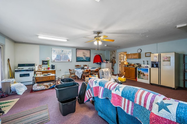 living room featuring beverage cooler, dark carpet, and a ceiling fan