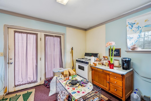 kitchen featuring carpet flooring, light countertops, ornamental molding, white gas range oven, and brown cabinets