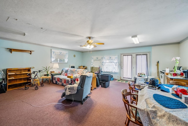 carpeted bedroom with a textured ceiling and ceiling fan