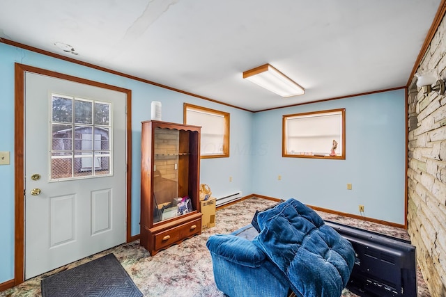 sitting room with ornamental molding and a baseboard radiator