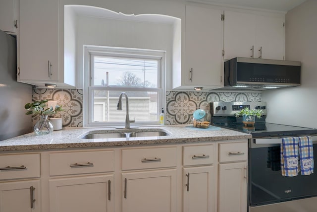 kitchen featuring white cabinets, decorative backsplash, stainless steel appliances, and a sink