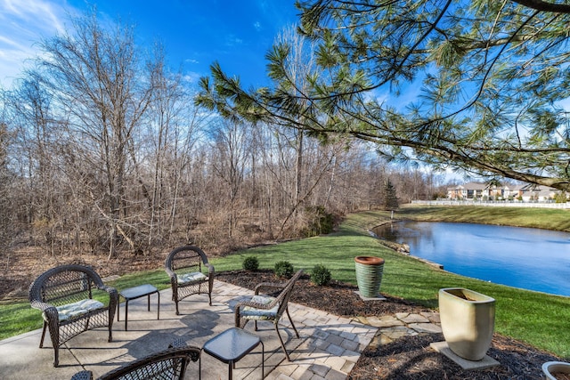 view of patio / terrace featuring a water view