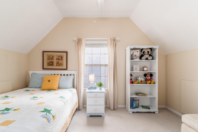 carpeted bedroom featuring lofted ceiling