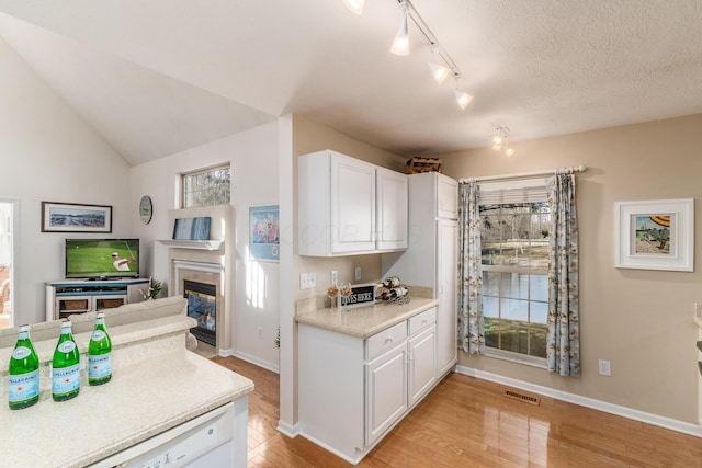 kitchen featuring light countertops, light wood-type flooring, visible vents, and white cabinets