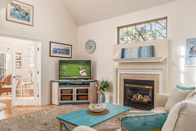 living area with high vaulted ceiling and a glass covered fireplace