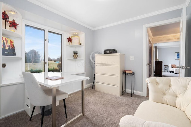 carpeted office with ornamental molding and baseboards