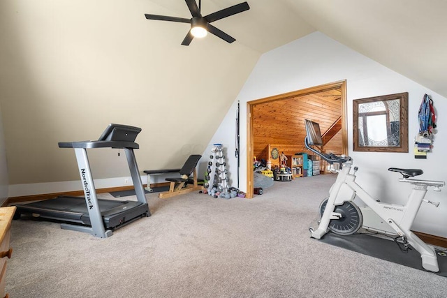 workout area with a ceiling fan, lofted ceiling, and carpet flooring