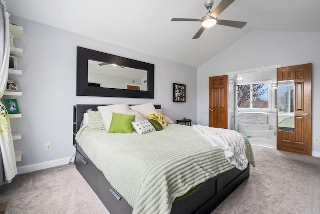 bedroom with light carpet, vaulted ceiling, baseboards, and ceiling fan