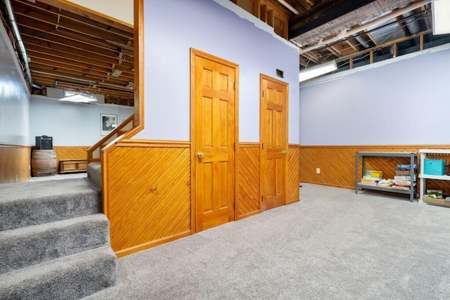 interior space featuring carpet floors, a wainscoted wall, and wooden walls