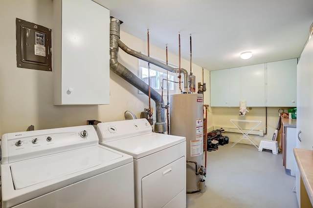 laundry room with cabinet space, washing machine and dryer, and water heater