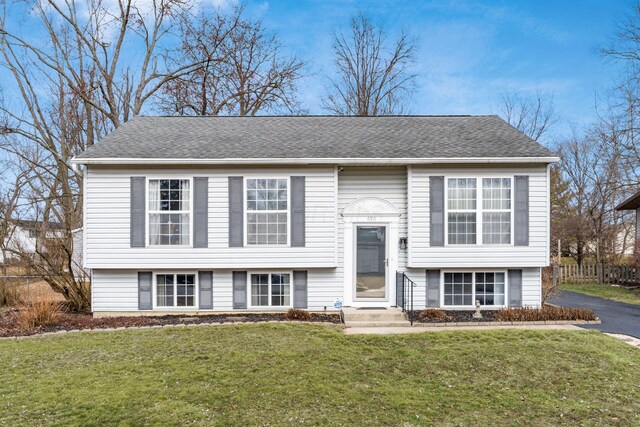 split foyer home featuring entry steps, roof with shingles, and a front yard