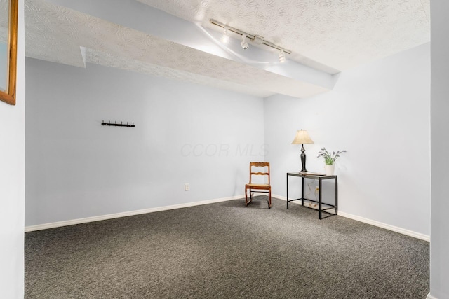 unfurnished room with carpet, rail lighting, a textured ceiling, and baseboards