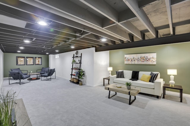 living area with carpet and baseboards