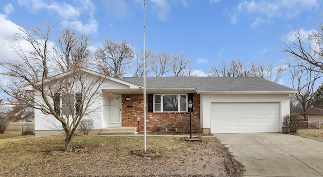 ranch-style home with a garage, driveway, brick siding, and roof with shingles