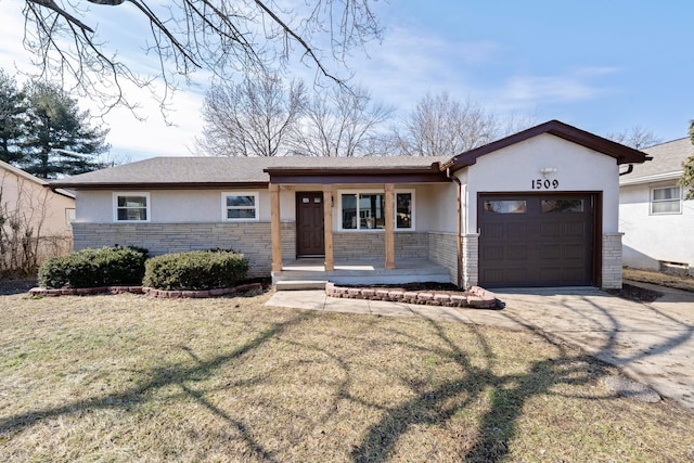 ranch-style home featuring driveway, a garage, stone siding, a front lawn, and stucco siding