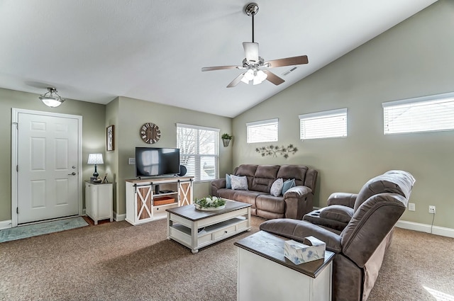 carpeted living room featuring lofted ceiling, ceiling fan, and baseboards