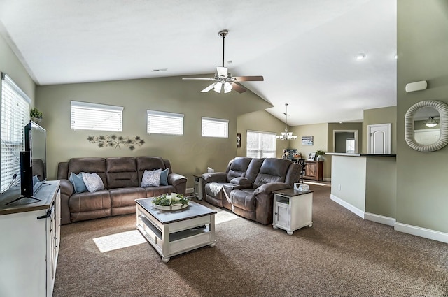 living room with vaulted ceiling, dark colored carpet, ceiling fan with notable chandelier, and baseboards