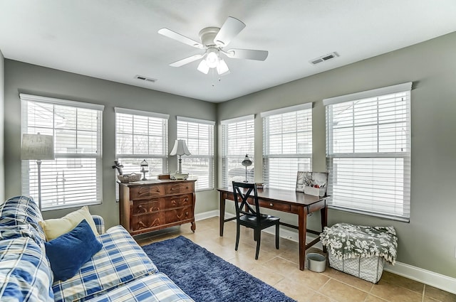 office space featuring baseboards, visible vents, and ceiling fan