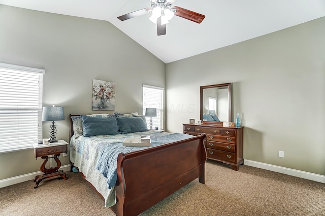 bedroom with ceiling fan, high vaulted ceiling, carpet, and baseboards