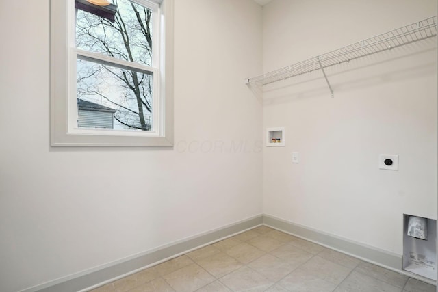 laundry area with washer hookup, laundry area, electric dryer hookup, and baseboards